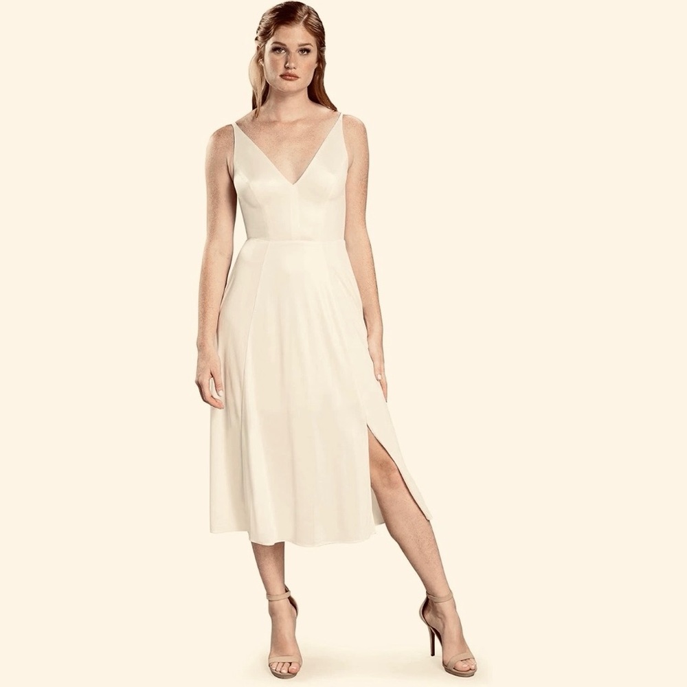 Dress the Population Serafina Ivory Winter White Stretch Thick Jersey Midi Dress